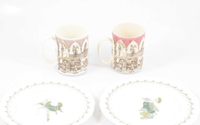 Two Wedgwood of Etruria Gilbert and Sullivan Operas Mugs, two Royal Worcester Mikado plates.