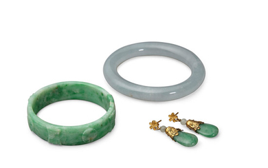 Two jade bangles and one pair of jade earrings