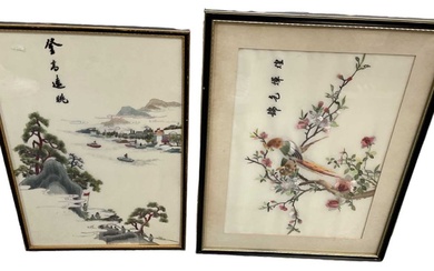 Two modern Chinese embroideries, one depicting a bird amongst foliage,...
