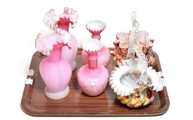 Two pairs of 19th century pink satin glass vases and...