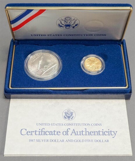 U.S. Mint 1987 Silver Dollar and Five-Dollar Gold Coin Set in Case