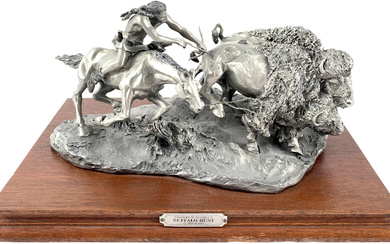 USA: Pewter (Zinn-Kupfer-Antimon-Legierung) Skulptur 1986. Replik der Bronzeskupltur "Buffalo Hunt"...