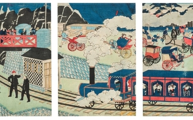 UTAGAWA YOSHITORA, (ACTIVE CIRCA 1836–1887), MEIJI PERIOD, CIRCA 1870S | PICTURE OF A STEAM TRAIN IN TOKYO