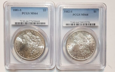 United States -Dollars(Morgan) 1881-S + 1882-S San Francisco (2 pieces) in PCGS Slabs - Silver