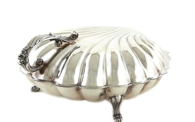 Unusual large silverplate scallop-shell form footed serving dish