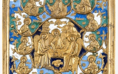 VERY RARE RUSSIAN METAL ICON SHOWING THE HOLY TRINITY (OLD TESTAMENT TYPE), THE DEESIS AND SAINTS
