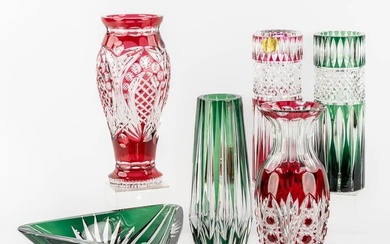 Val Saint Lambert, five vases and a bowl. Cut and coloured crystal. (H:30 x D:13 cm)