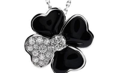 Van Cleef & Arpels Cosmos Clip Pendant Necklace 18K White Gold with Onyx and Diamonds Medium