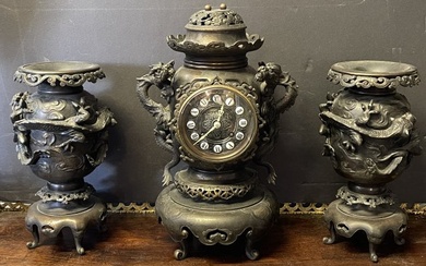 Victorian 3 Piece Asian Motif Clock Set