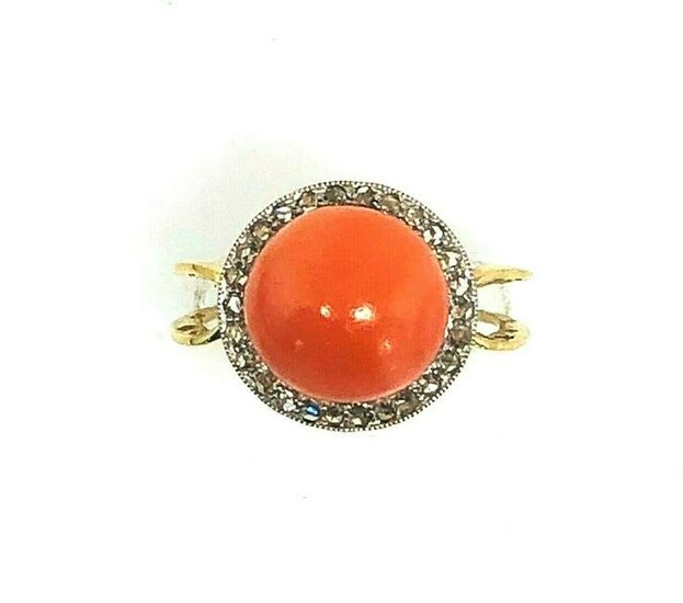 Victorian Coral Diamond 14K Yellow Gold Ring