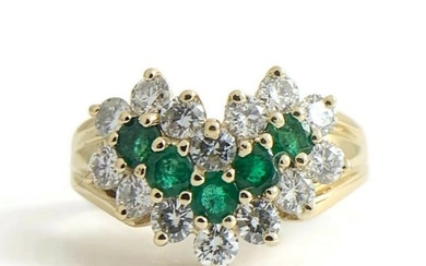 Vintage Green Emerald Diamond Chevron Statement Ring 14K Yellow Gold, 4.77 Grams