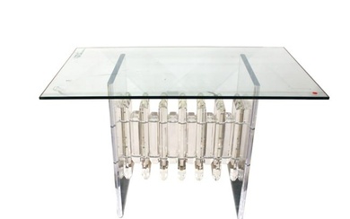 Vintage Lucite base glass top console table - very cool