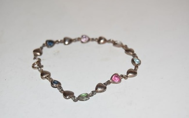Vintage Sterling Silver heart colorful Bracelet 8"