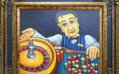 WHIMSICAL OIL/ CANVAS OF THE ROULETTE DEALER