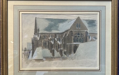 Watercolor of St. Julien le pauvre Paris in snow, signed