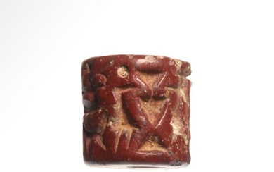 Western Asiatic Red Limestone Seated Drinkers Cylinder Seal, c. 2200-1800 B.C.