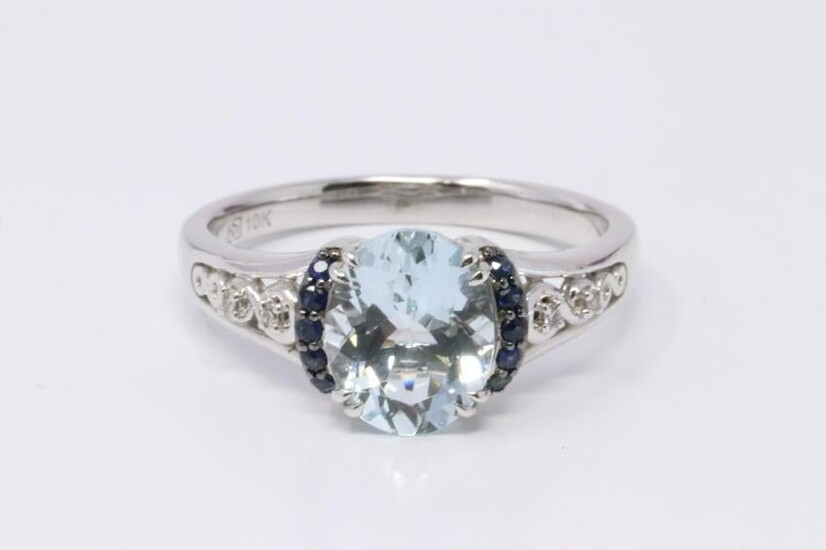 White Gold Sapphire|Aquamarine|Diamond Ring.