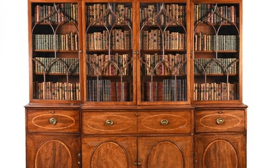 Y A GEORGE III MAHOGANY AND SATINWOOD INLAID BREAKFRONT SECRETAIRE BOOKCASE, CIRCA 1790