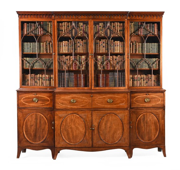 Y A GEORGE III MAHOGANY AND SATINWOOD INLAID BREAKFRONT SECRETAIRE BOOKCASE, CIRCA 1790