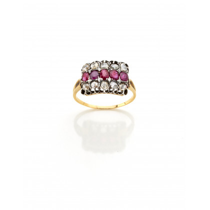 Yellow gold and silver ring with rose cut diamonds and oval rubies, g 3.08 circa size 20.5/60.5.