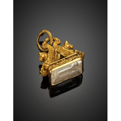 Yellow gold hyaline quartz pendant/seal formed by two sea monsters, half winged horses and half dolphins, over a frieze with…Read more