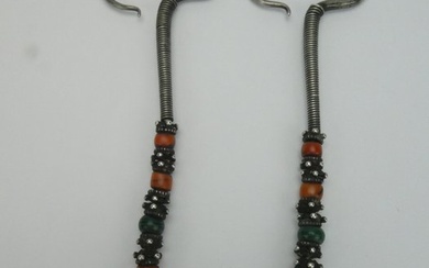 Yunnan earrings (2) - Silver, Carnelian - Mongolia - Early 20th century