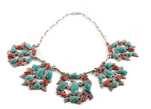 Zuni Silver, Turquoise and Coral Necklace