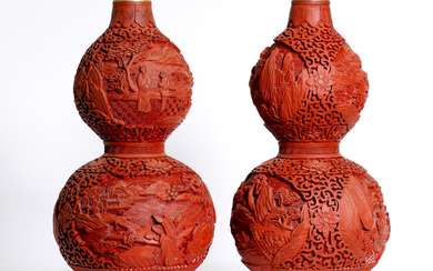 a pair of antique Chinese beautiful, well carved cinnabar vases Republic period