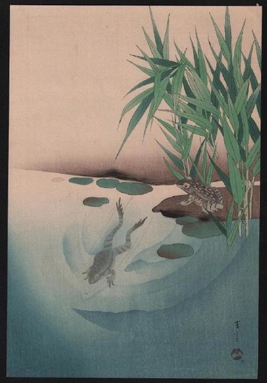 Watanabe Seitei - Frogs & bamboo at pond