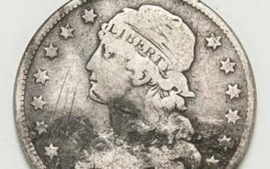 1831 Small Letters Capped Buster Quarter, with obverse scratches, approx. G/VG details.