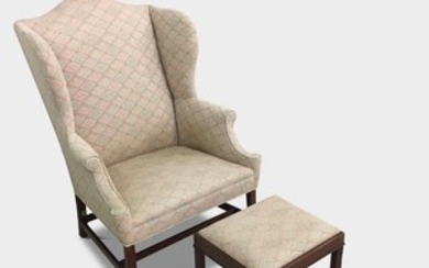 George III Upholstered Mahogany Wing Chair and a Footstool
