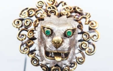 Gold Platinum and Emerald Lion Head Pin