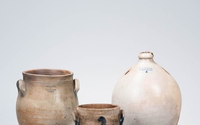 Three Stoneware Vessels, America, 19th century, a four-gallon T.O. Goodwin jug; an Armstrong & Wentworth jar; and a jar with cobalt spl