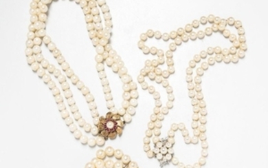 Two Cultured Pearl Multi-strand Necklaces and a Cultured Pearl Bracelet