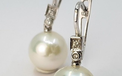 11x12mm Round White Edison Pearls - 0.07ct - 14 kt. White gold - Earrings