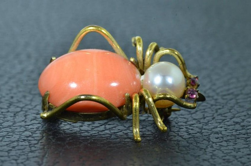 14 KT Yellow Gold and Coral Bug Brooch