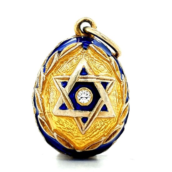 14K Gold Star of David Diamond, Enamel Egg Pendant