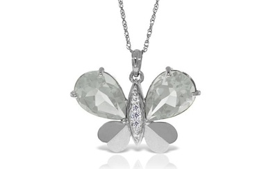 14K Solid White Gold Batterfly Necklace With Natural Diamonds & White Topaz