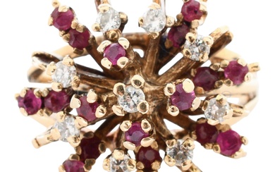 14K YELLOW GOLD, DIAMOND AND RUBY CLUSTER RING