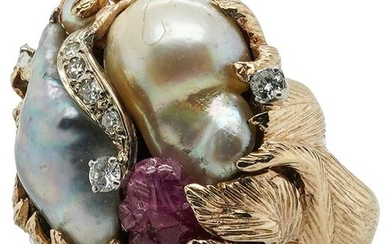 14k Gold Abalone, Peal and Diamond Ring