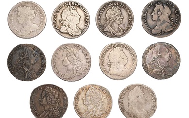 17th and 18th Century Shillings; 11 coins comprising; William III,...