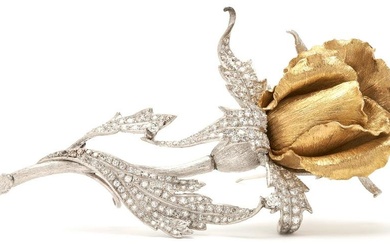 18K Gold & Diamond Rose Brooch