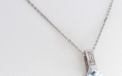 18K White Gold Aquamarine, Diamond Pendant, Chain