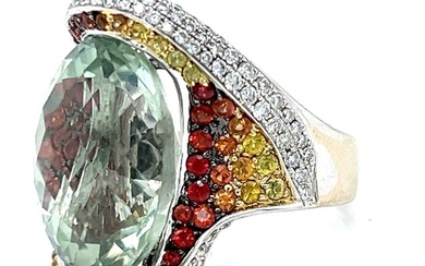 18K White Gold Prasiolite, Sapphire, and Diamond Ring