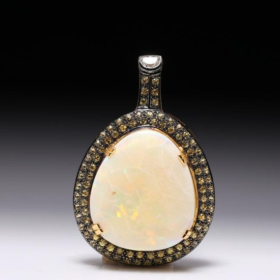 18K Yellow Gold Diamond Yellow Sapphire & Large Coober Pedy Opal Pendant by Carlo Rici