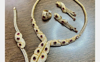 18K Yellow Gold Ruby & Diamond Necklace Bracelet Ring Earring Set