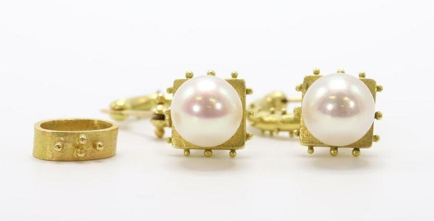 18KY Gold Etruscan Style Bail, Pearl Earrings