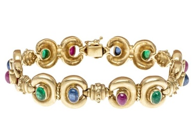 18k Fabulous Cabachon Ruby, Emerald and Sapphire Double "C" Link Bracelet