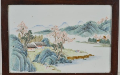 18th/19th century Chinese famille rose porcelain plaque. Mountainous landscape with figures by the