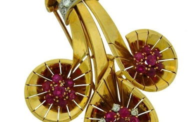 1942 Cartier Ruby Diamond Gold Clip Pin Brooch